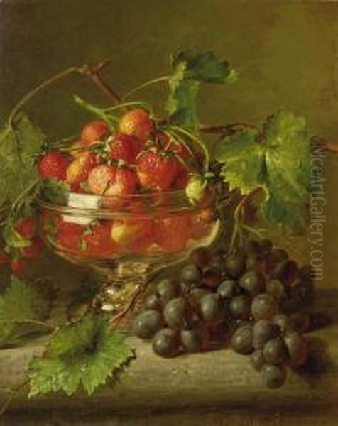 A Still Life With Strawberries And Grapes Oil Painting by Adriana-Johanna Haanen