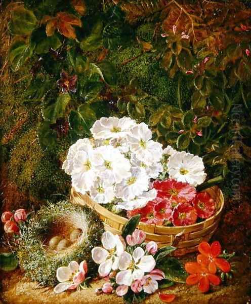 Still Life of Apple Blossom and Violets With Primulas in Wicker Basket Oil Painting by George Clare