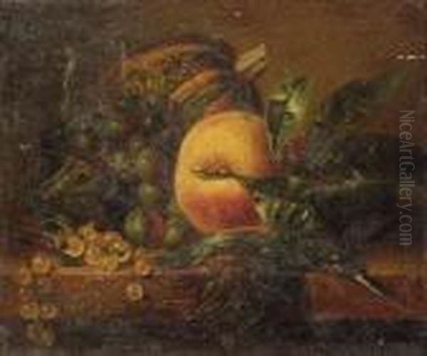 A Still Life With Fruit And A Kingfisher On A Ledge Oil Painting by Adriana-Johanna Haanen