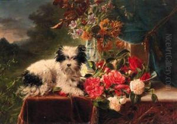 Camellias And A Terrier On A Console Oil Painting by Adriana-Johanna Haanen