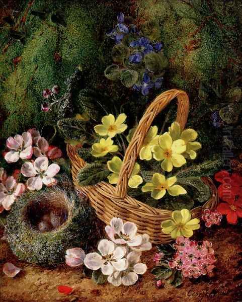 Apple Blossom And A Bird's Nest On A Mossy Bank Oil Painting by George Clare