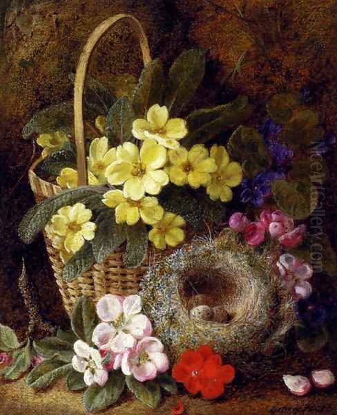 Still Life with Primroses, Violas, cherry Blossom and Geraniums and a Thrush's Nest Oil Painting by George Clare