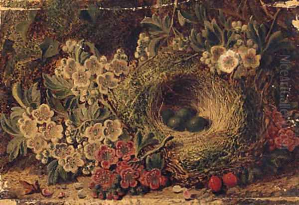 Apple Blossom And Eggs In A Bird'S Nest On A Mossy Bank Oil Painting by George Clare