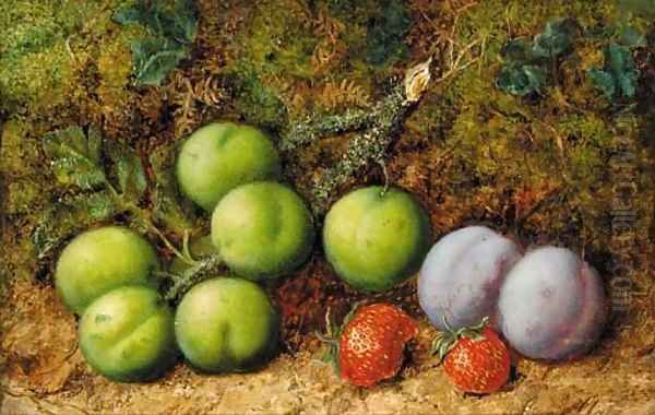 Plums and strawberries on mossy bank Oil Painting by George Clare