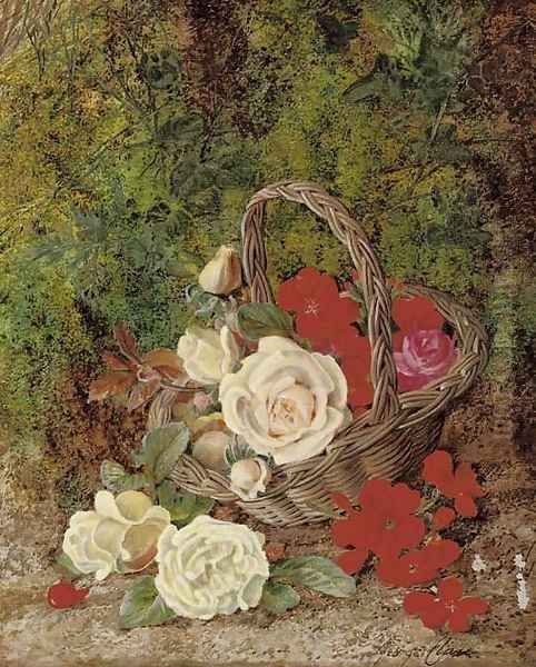 Roses and geraniums in a wicker basket before a mossy bank Oil Painting by George Clare