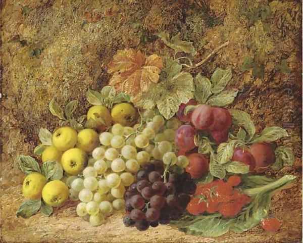 Apples, grapes, plums and strawberries on a mossy bank Oil Painting by George Clare