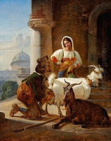 Italian Scenery With A Young Couple And Goats Oil Painting by Nikolai Habbe