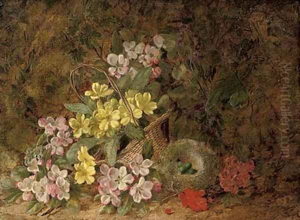 Hawthorn blossom, primroses and a bird's nest on a mossy bank Oil Painting by George Clare