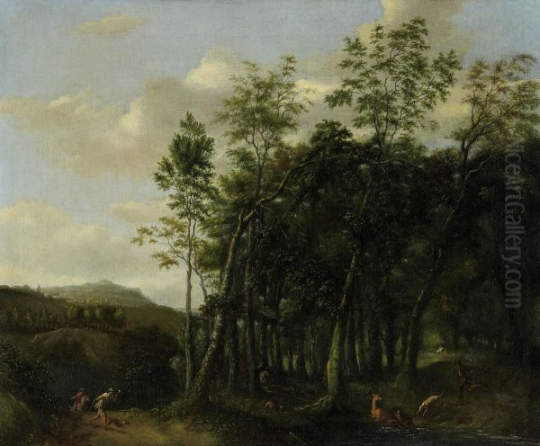 Deer Hunt In Wooded Landscape Oil Painting by Jan Hackaert