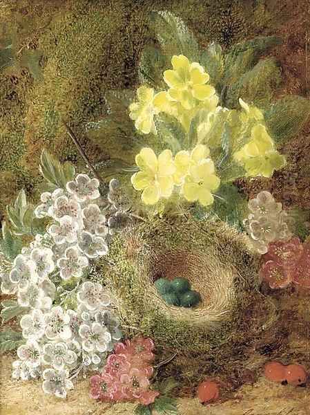 May blossom, primulas, berries, and a bird's nest with eggs, on a mossy bank Oil Painting by George Clare