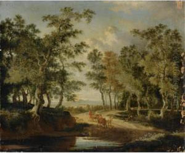 A Wooded Landscape With A Shepherd And His Herd On A Path, Near Apuddle Oil Painting by Jan Hackaert