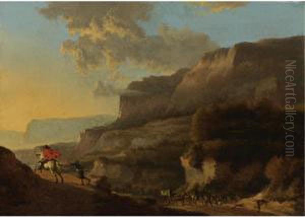 An Italianate Landscape With Travellers Ambushed By Bandits Oil Painting by Jan Hackaert