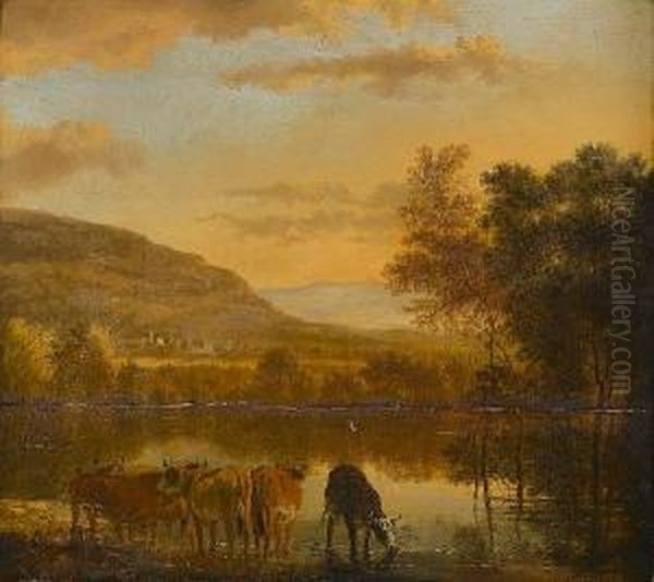 A River Landscape With Cattle Watering In The Foreground Oil Painting by Jan Hackaert