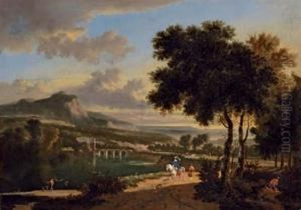 An Extensive Landscape With 
Travellers, Fishermen And Cattle Drovers On A Path, A Roman Bridge 
Beyond Oil Painting by Jan Hackaert