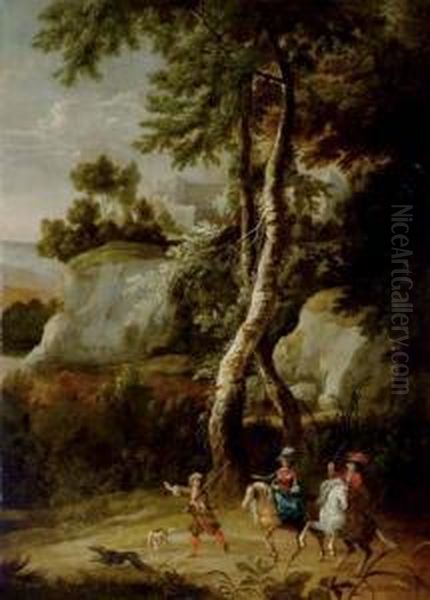 A Hunting Party In A Wooded Landscape, A Fort On A Clifftop Beyond Oil Painting by Jan Hackaert