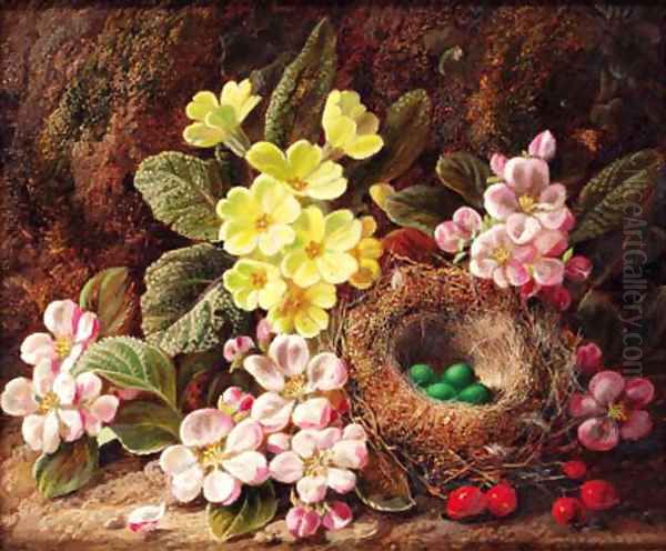 Primroses, apple blossom, and a bird's nest, on a mossy bank Oil Painting by George Clare