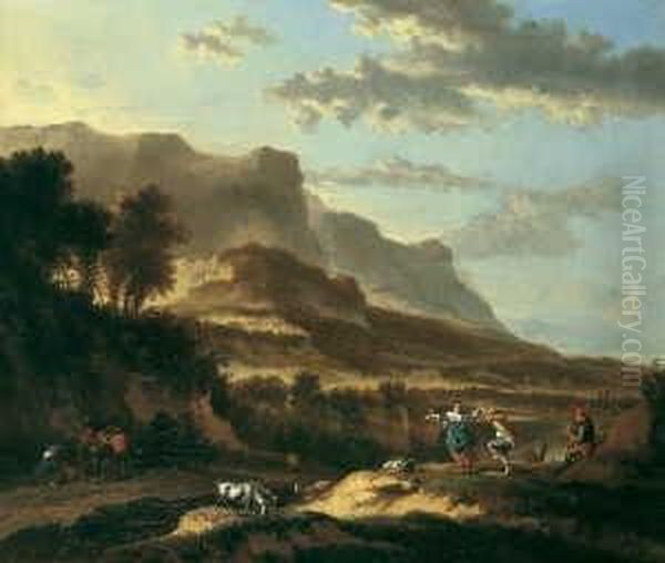 Italienisierende Berglandschaft Mit Tanzendem Paar. Oil Painting by Jan Hackaert