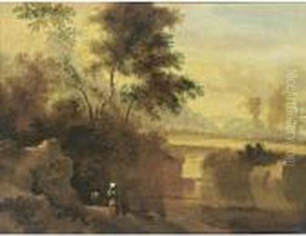 A Southern Wooded Landscape With Peasants On A Path Near A Pond Oil Painting by Jan Hackaert