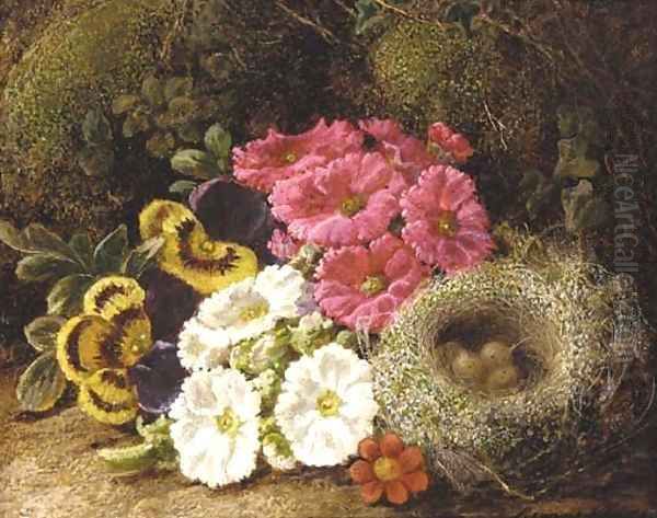 Primulas and a bird's nest on a mossy bank Oil Painting by George Clare