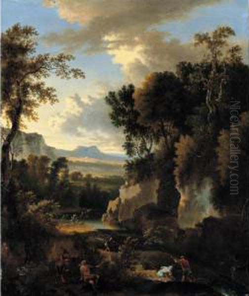 A Wooded River Landscape With Fishermen And A Man With A Donkey In The Foreground Oil Painting by Jan Hackaert