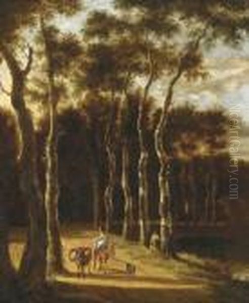 Travellers In A Wooded Landscape Oil Painting by Jan Hackaert