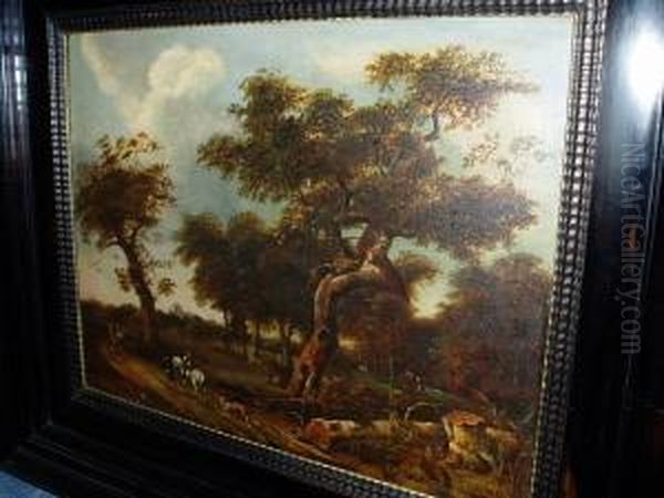 Figures And Horse In A Woodland Landscape Oil Painting by Jan Hackaert