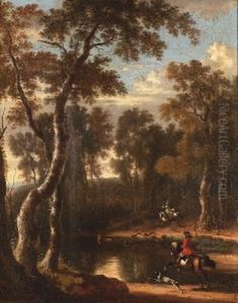 A Wooded Landscape With A 
Sportsman And His Dog On The Bank Of A River With A Horseman Beyond, A 
Traveller On A Path In The Distance; And A Stag Hunt With Three 
Sportsmen On Horseback In A Wooded River Landscape Oil Painting by Jan Hackaert