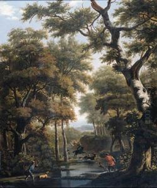 A Stag Hunt In A Forest Oil Painting by Jan Hackaert