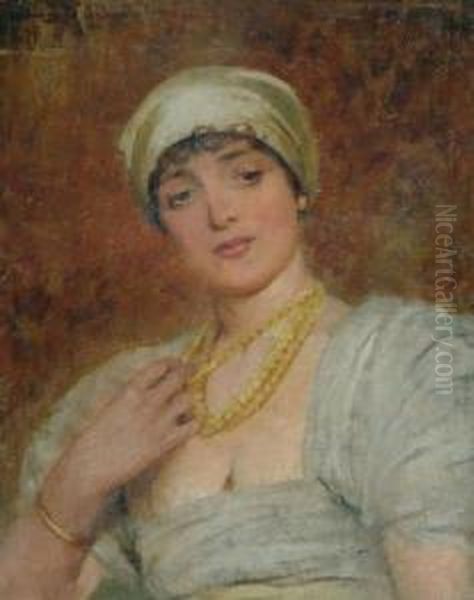 Portrait Of A Lady Wearing A White Dress And Turban Oil Painting by Arthur Hacker