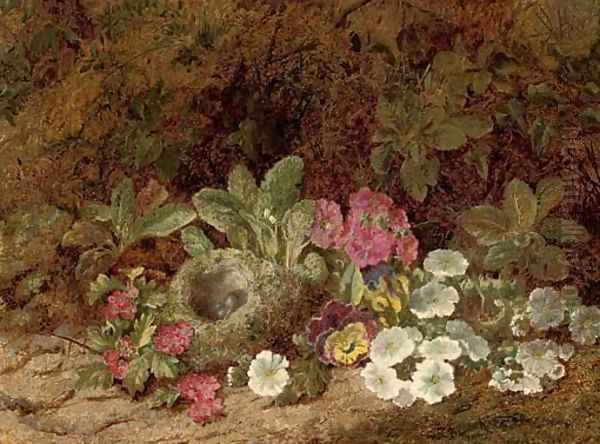 A bird's nest with primulas, pansies and blossom on a mossy bank Oil Painting by George Clare