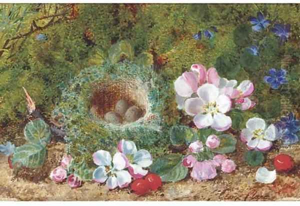 Apple blossom, berries and a bird's nest with eggs on a mossy bank Oil Painting by George Clare