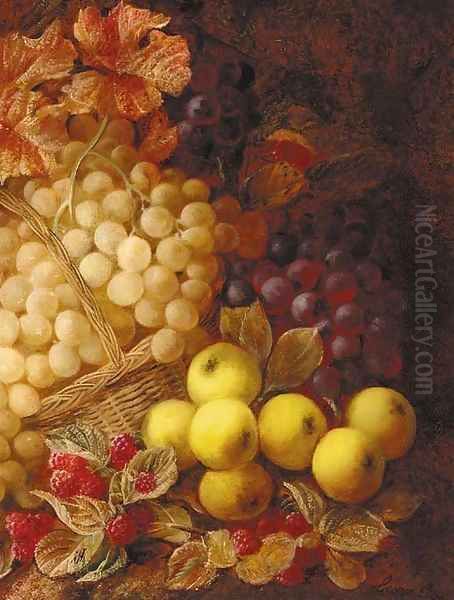 Apples, grapes, raspberries, and a wicker basket, on a mossy bank Oil Painting by George Clare