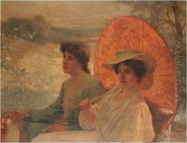 Young Women Seated With Parasol Oil Painting by Arthur Hacker