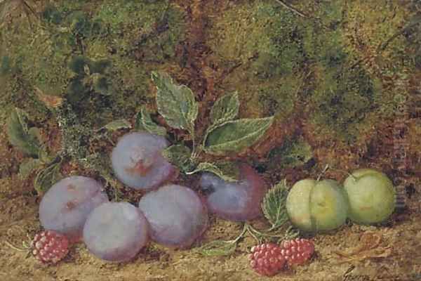 Plums, raspberries and greengages on a mossy bank Oil Painting by George Clare