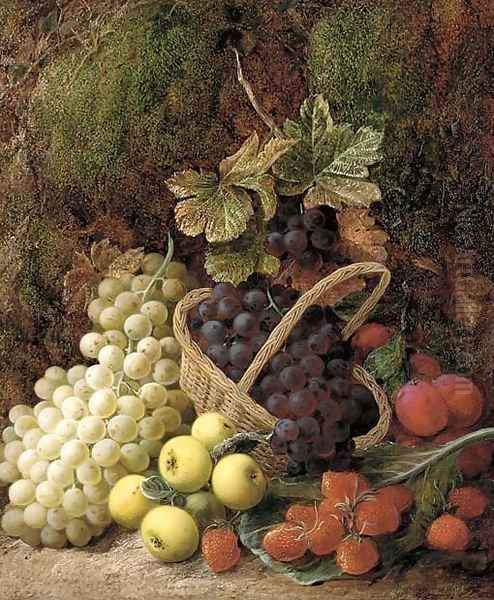 Strawberries, apples, plums, and grapes in a wicker basket, on a mossy bank Oil Painting by George Clare