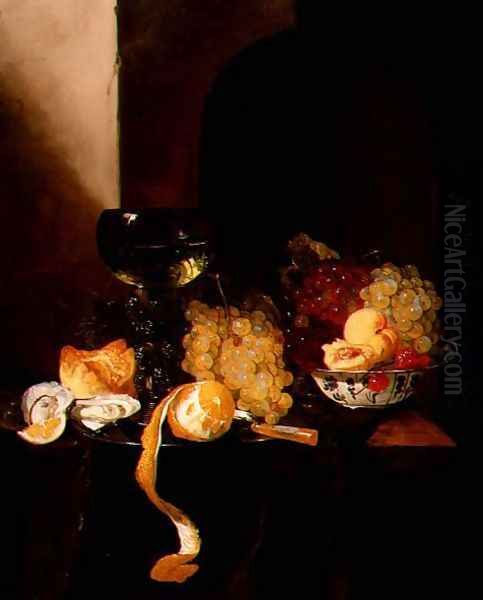 A Still Life with Fruit, a Peeled Lemon and a Roemer on a Ledge Oil Painting by Jacques de Claeuw