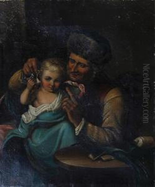 Gentleman Seated With Granddaughter, Playingwith A Pocket Watch Oil Painting by David W. Haddon