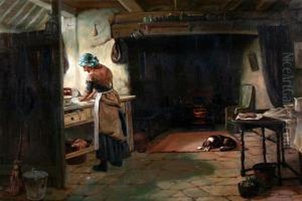 Cottage Interior With Maid Rollingpastry Oil Painting by David W. Haddon