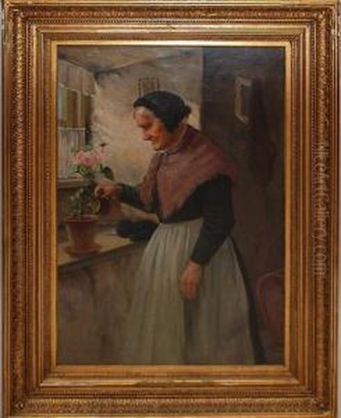 Woman Watering Flowers Oil Painting by David W. Haddon