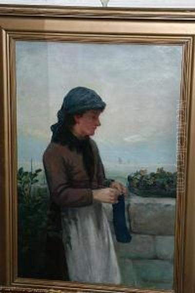 Portrait Of A Girl Sewing By A Sea Wall Oil Painting by David W. Haddon