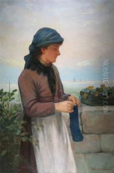 A Woman Knitting, A Seascape Beyond Oil Painting by David W. Haddon