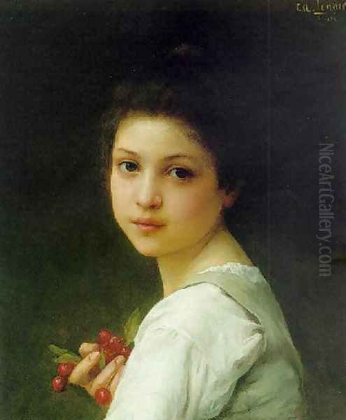 Portrait of a young girl with cherries Oil Painting by Lenoir Charles Amable