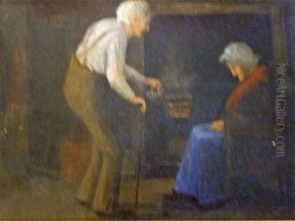 Signed , Oil, A Couple Warming Themselves Before A Cottage Fire, 7 1/2 Oil Painting by David W. Haddon