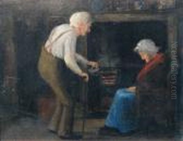 Elderly Couple Before A Kitchen Range Oil Painting by David W. Haddon