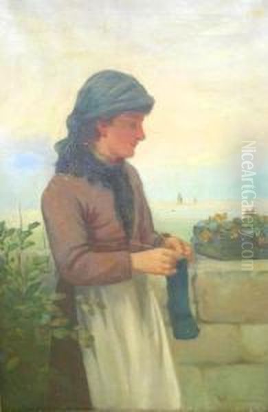 Portrait Of A Young Fisher Girl Knitting Oil Painting by David W. Haddon