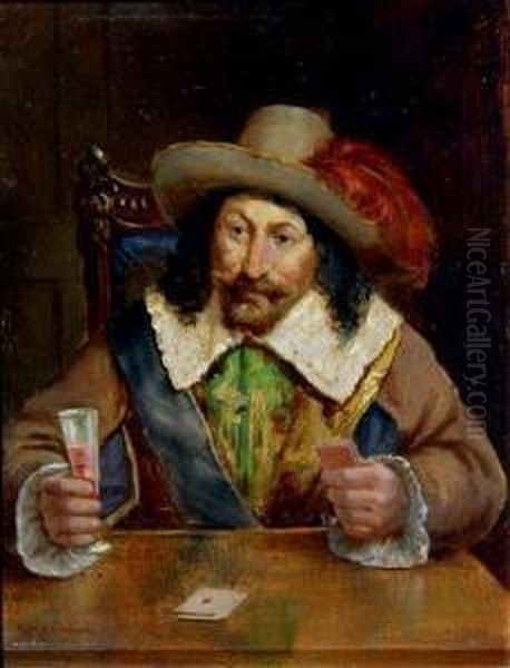 A Gentleman In 17th Century Dress Playing Cards At A Table Oil Painting by David W. Haddon