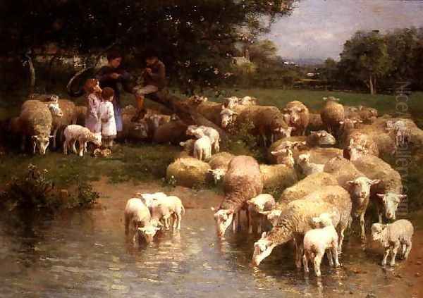 Children and Sheep in Spring Oil Painting by Luigi Chialiva