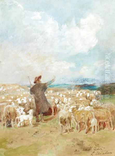 A shepherd with his flock Oil Painting by Luigi Chialiva