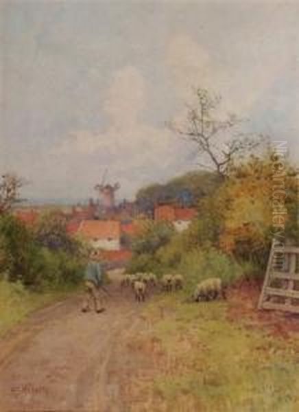 A Shepherd Driving A Flock Of Sheep Down A Country Lane Oil Painting by Mary S. Hagarty