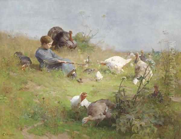 A Young Girl with a Flock of Turkeys Oil Painting by Luigi Chialiva